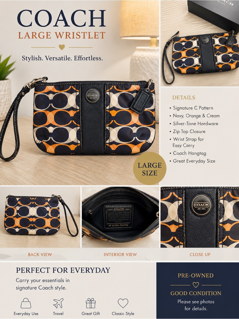 Coach Large Wristlet in Navy, Orange & Cream Signature C Pattern